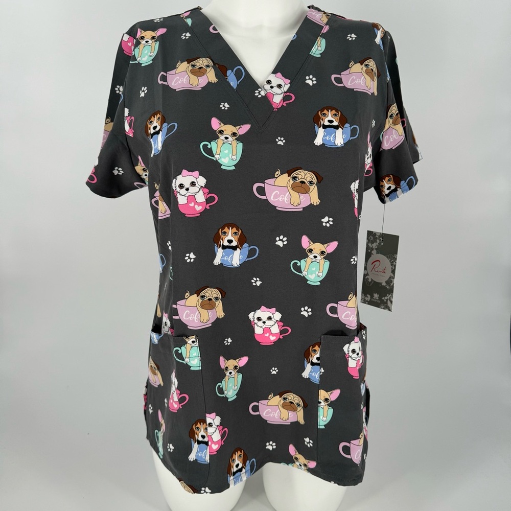 NWT Maevn Grey Tea Cup Puppy Dog print scrub top